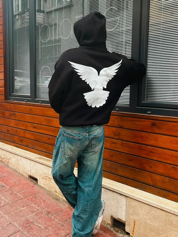 Pigeon Wings Baskılı Oversize Unisex Siyah Hoodie
