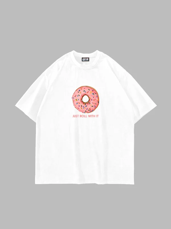 Pink Donut Baskılı Oversize Unisex Beyaz Tshirt