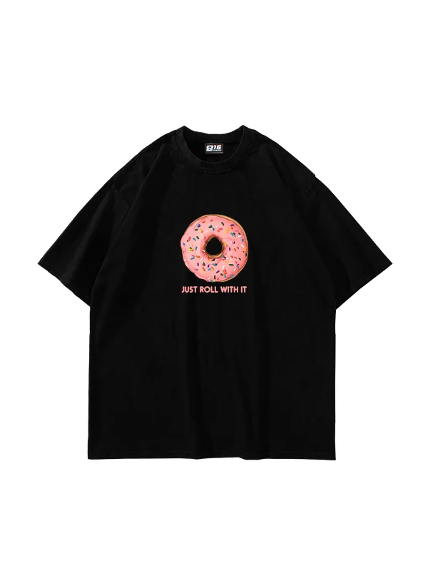 Pink Donut Baskılı Oversize Unisex Siyah Tshirt