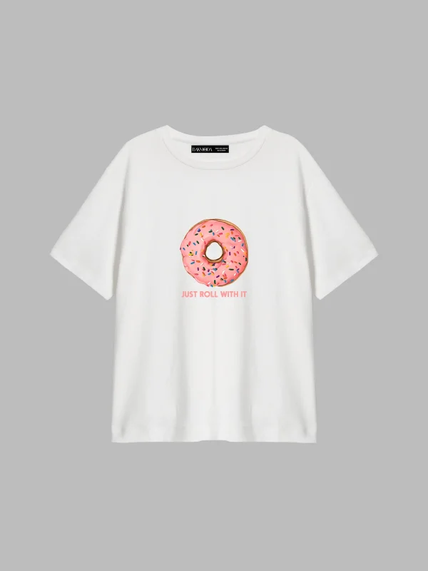 Pink Donut Baskılı Relaxed Fit Beyaz Kadın Tshirt