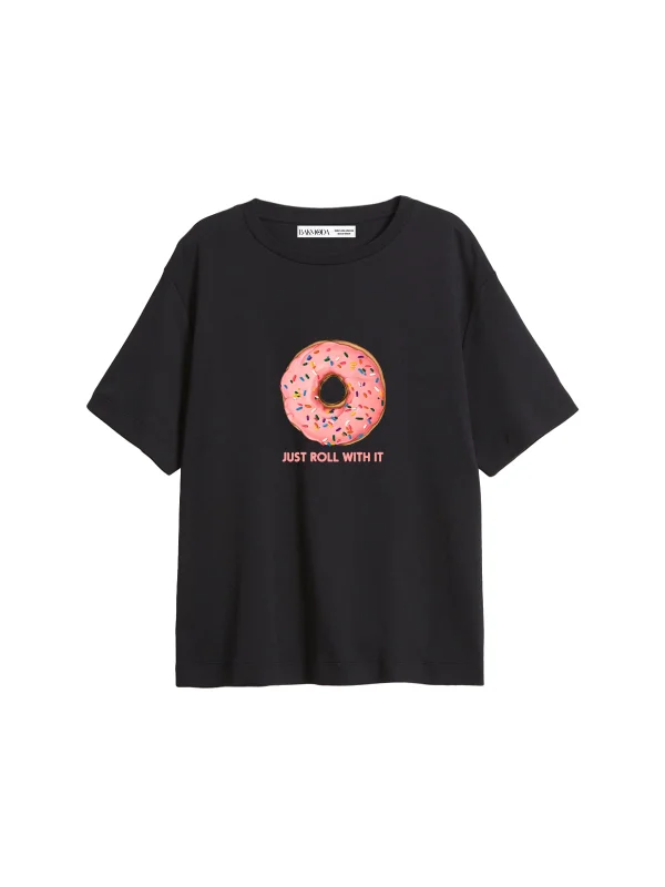 Pink Donut Baskılı Relaxed Fit Siyah Kadın Tshirt