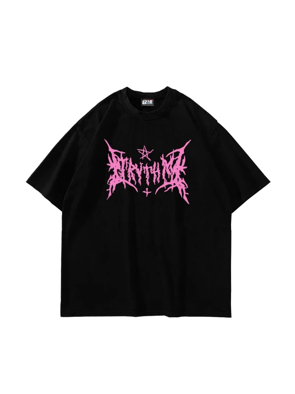 Pink Gotik Baskılı Oversize Unisex Siyah Tshirt