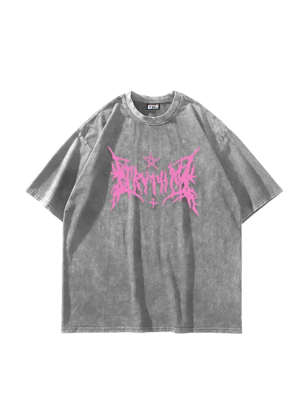 Pink Gotik Baskılı Oversize Unisex Yıkamalı Beyaz Tshirt
