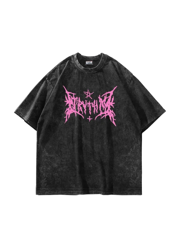 Pink Gotik Baskılı Oversize Unisex Yıkamalı Siyah Tshirt