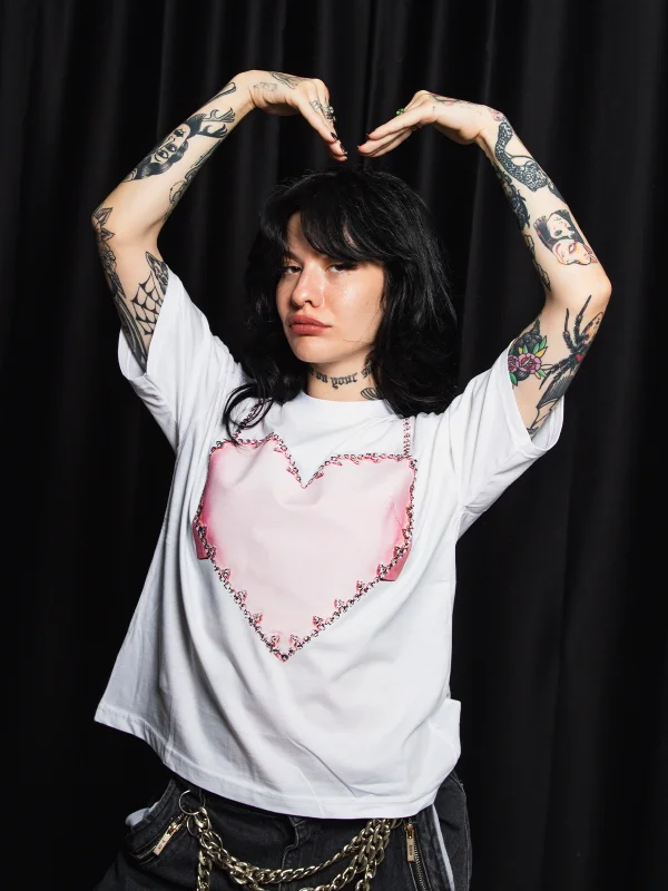 Pink Heart Baskılı Relaxed Fit Beyaz Kadın Tshirt