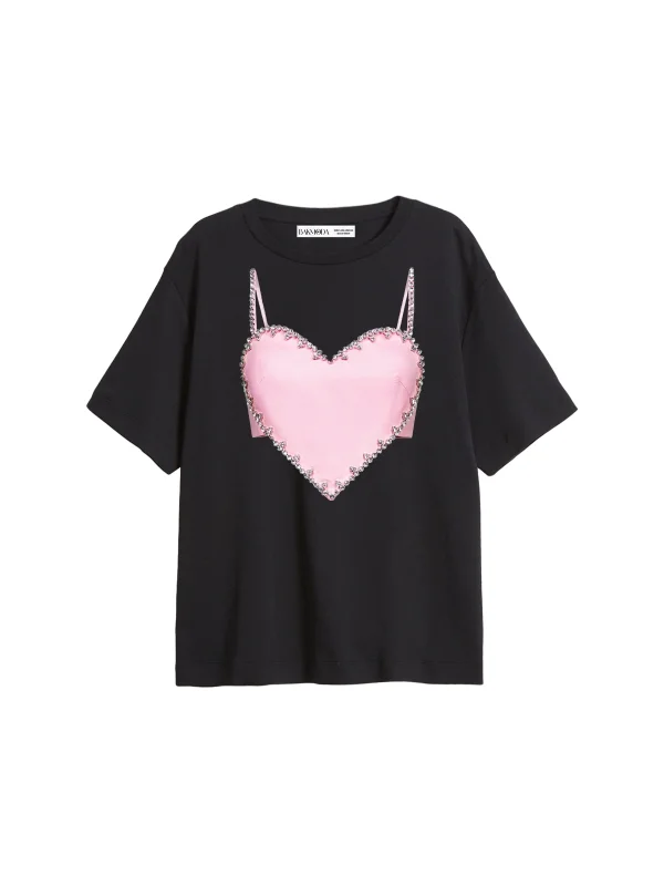 Pink Heart Baskılı Relaxed Fit Siyah Kadın Tshirt