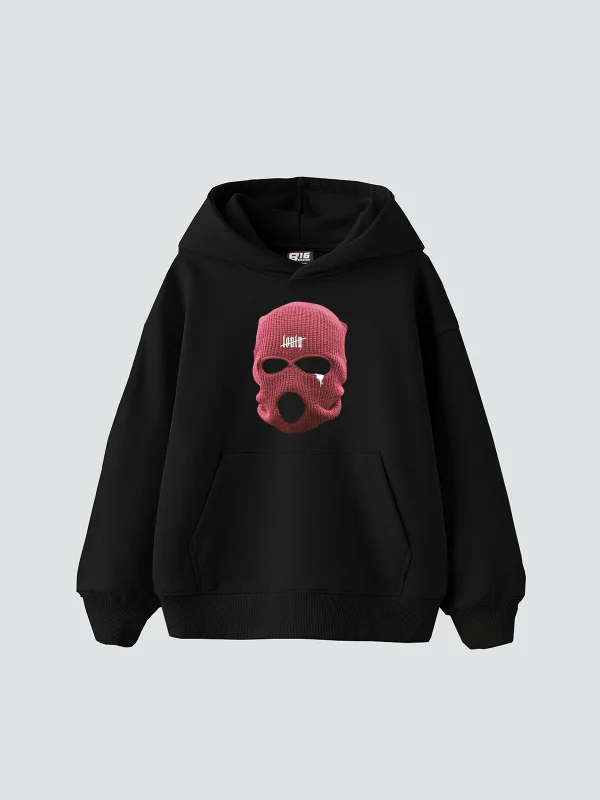 Pink Mask Baskılı Oversize Unisex Premium Siyah Hoodie