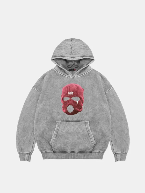 Pink Mask Baskılı Oversize Unisex Premium Yıkamalı Beyaz Hoodie