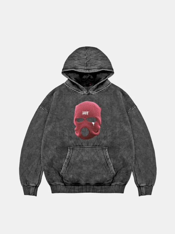 Pink Mask Baskılı Oversize Unisex Premium Yıkamalı Siyah Hoodie