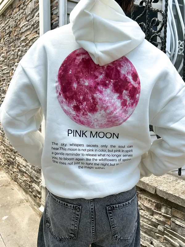 Pink Moon Baskılı Oversize Unisex Beyaz Hoodie