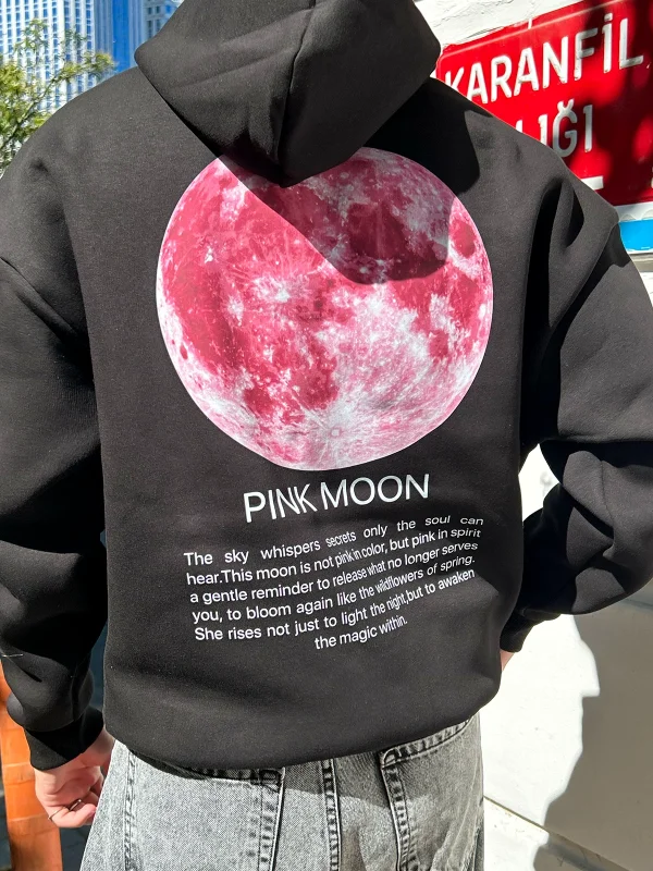 Pink Moon Baskılı Oversize Unisex Siyah Hoodie