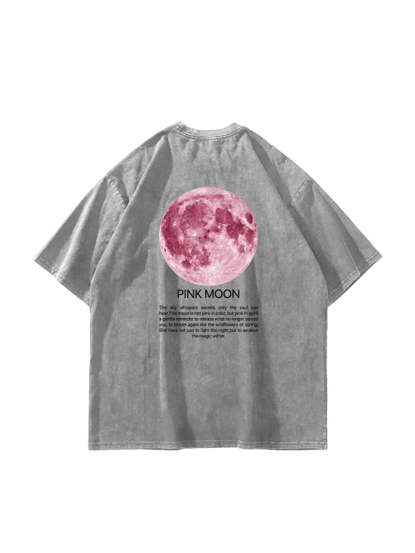 Pink Moon Baskılı Oversize Unisex Yıkamalı Beyaz Tshirt