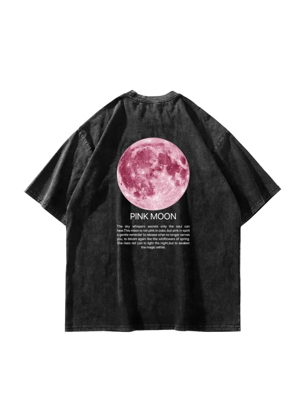 Pink Moon Baskılı Oversize Unisex Yıkamalı Siyah Tshirt