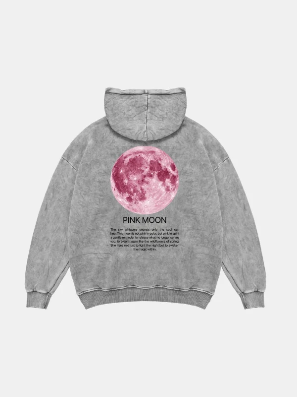 Pink Moon Oversize Unisex Yıkamalı Beyaz Hoodie