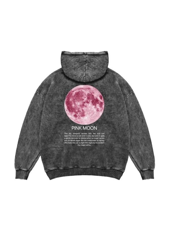 Pink Moon Oversize Unisex Yıkamalı Siyah Hoodie
