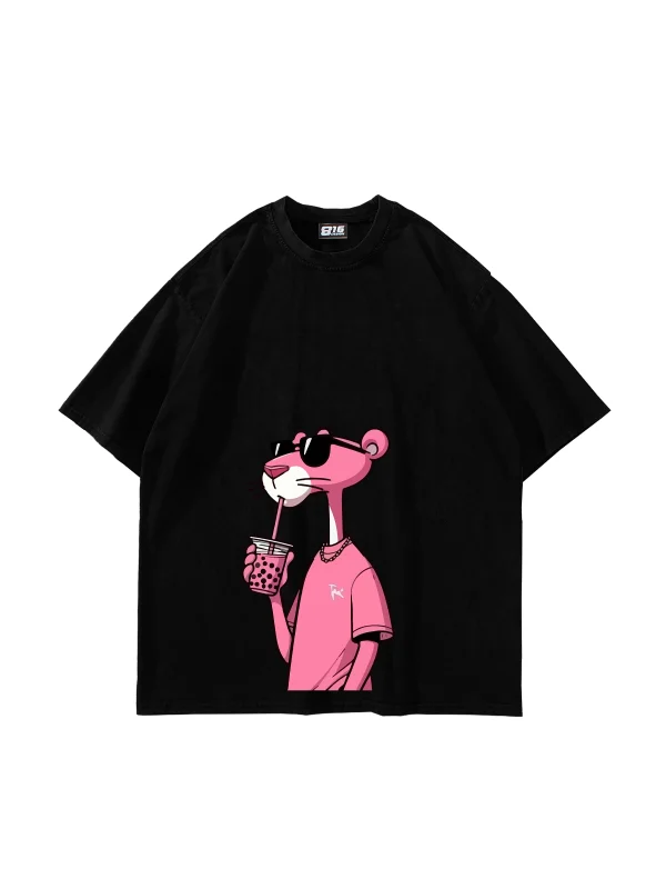 Pink Pant Baskılı Oversize Unisex Siyah Tshirt