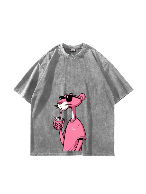 Pink Pant Baskılı Oversize Unisex Yıkamalı Beyaz Tshirt