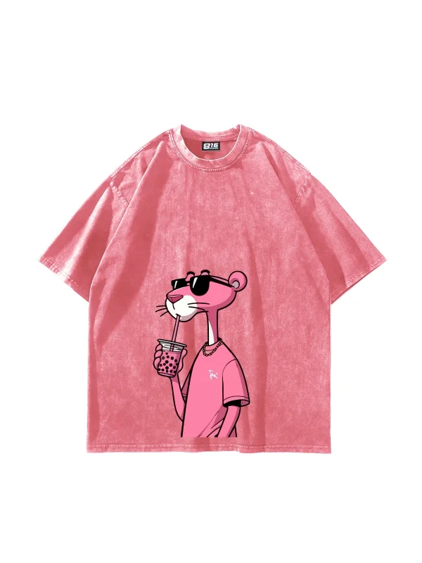 Pink Pant Baskılı Oversize Unisex Yıkamalı Pembe Tshirt
