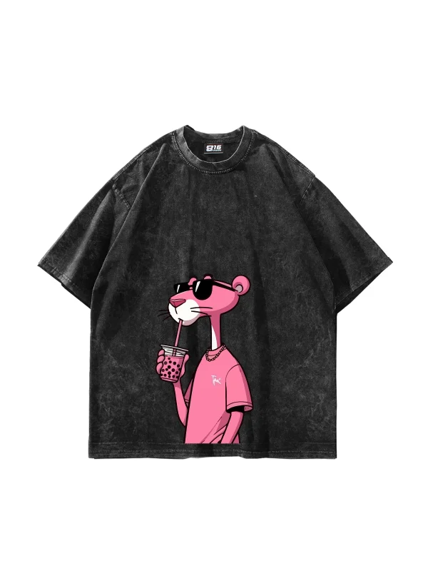 Pink Pant Baskılı Oversize Unisex Yıkamalı Siyah Tshirt