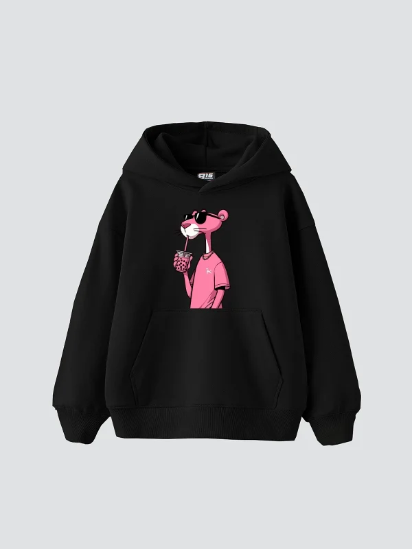 Pink Panther V2 Baskılı Oversize Unisex Siyah Hoodie