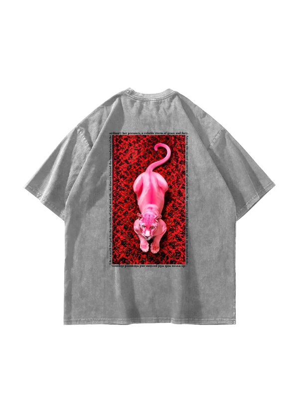 Pink Panther Baskılı Oversize Unisex Yıkamalı Beyaz Tshirt