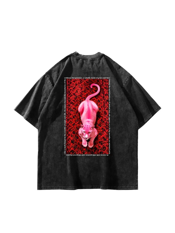 Pink Panther Baskılı Oversize Unisex Yıkamalı Siyah Tshirt