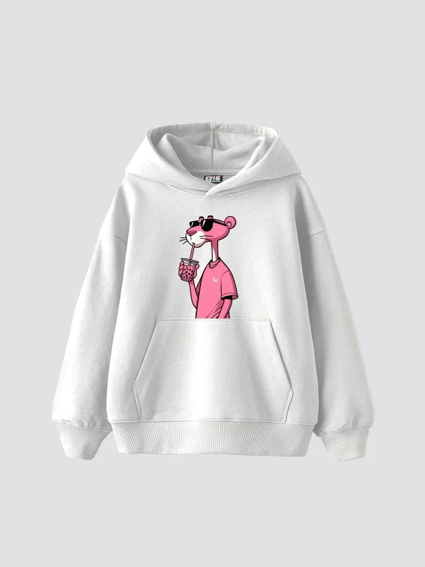 Pink Panther V2 Baskılı Oversize Unisex Beyaz Hoodie