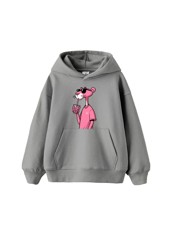 Pink Panther V2 Baskılı Oversize Unisex Gri Hoodie