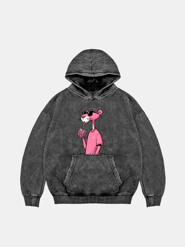 Pink Panther V2 Oversize Unisex Yıkamalı Siyah Hoodie