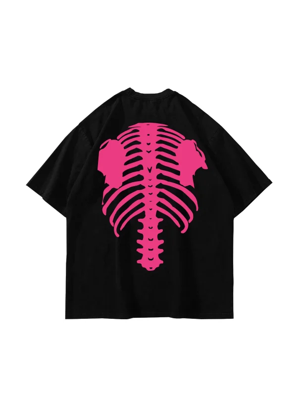 Pink Ribcage Baskılı Oversize Unisex Siyah Tshirt