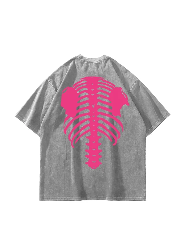 Pink Ribcage Baskılı Oversize Unisex Yıkamalı Beyaz Tshirt