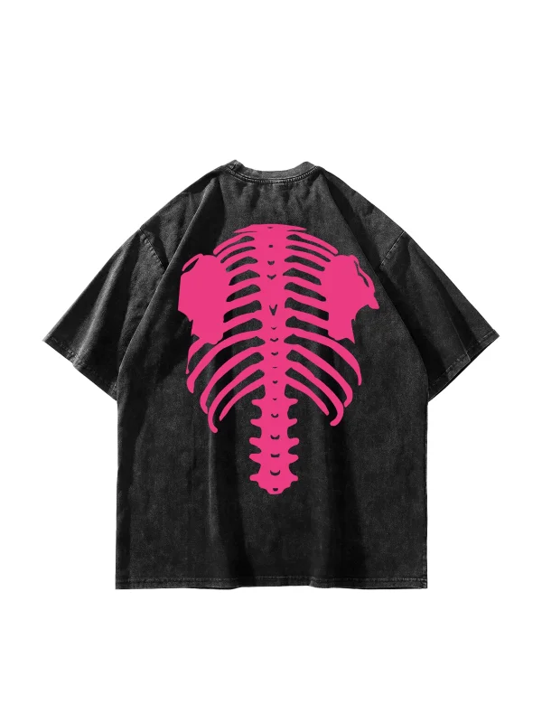 Pink Ribcage Baskılı Oversize Unisex Yıkamalı Siyah Tshirt