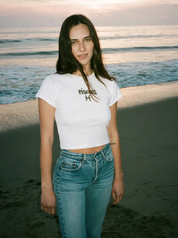 Pisces Baskılı Beyaz Crop Top