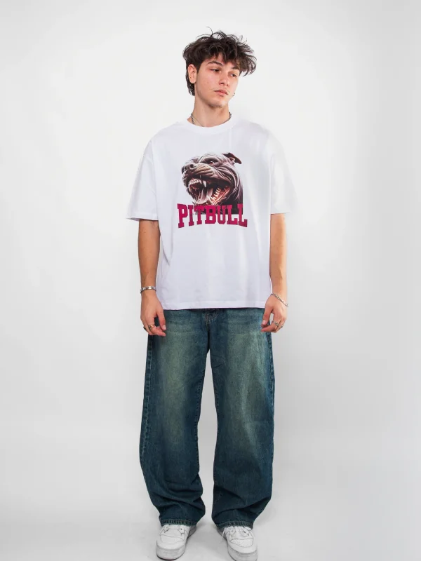Pitbull Baskılı Oversize Unisex Beyaz Tshirt