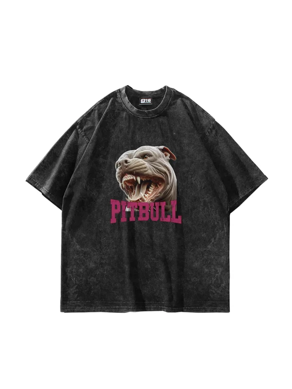 Pitbull Baskılı Oversize Unisex Yıkamalı Siyah Tshirt