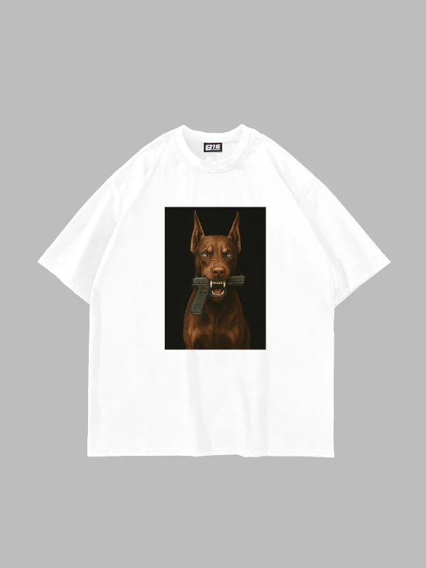 Doberman V2 Baskılı Oversize Unisex Beyaz Tshirt
