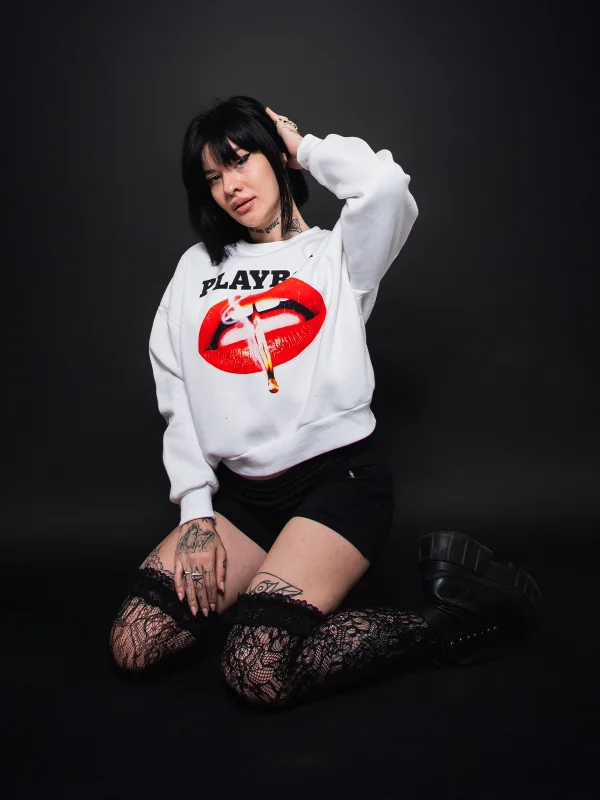 Playboy Baskılı Kapüşonsuz Relaxed Fit Kadın Beyaz Sweatshirt
