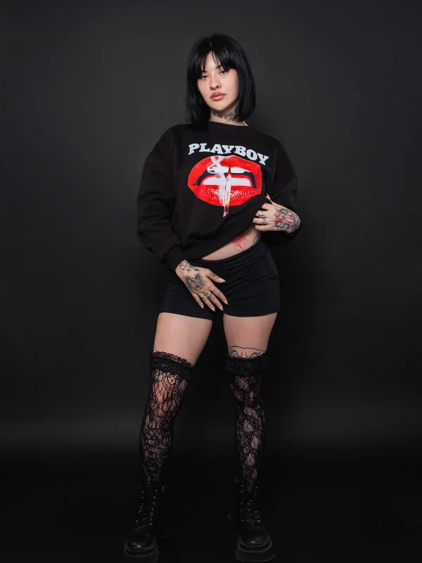 Playboy Baskılı Kapüşonsuz Relaxed Fit Kadın Siyah Sweatshirt