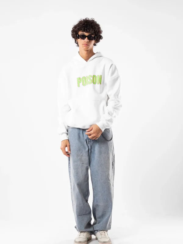 Poison Baskılı Oversize Unisex Beyaz Hoodie