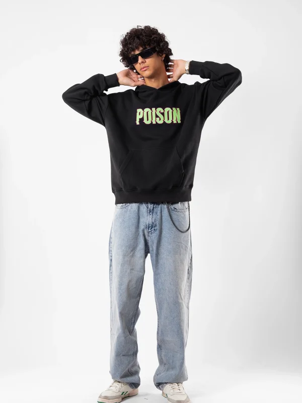 Poison Baskılı Oversize Unisex Siyah Hoodie