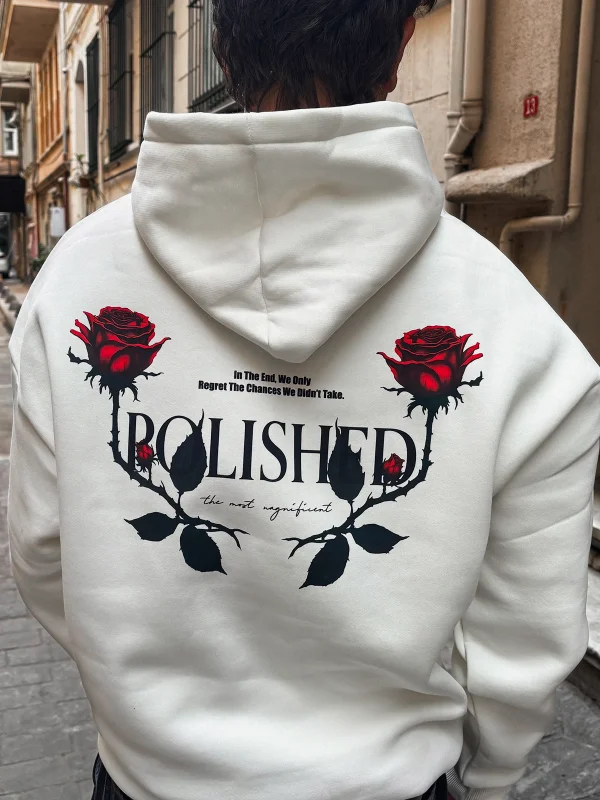Polished Rose Baskılı Oversize Unisex Beyaz Hoodie