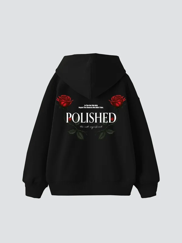 Polished Rose Baskılı Oversize Unisex Siyah Hoodie