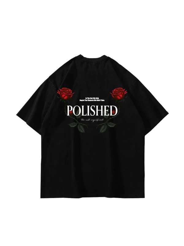 Polished Rose Baskılı Oversize Unisex Siyah Tshirt