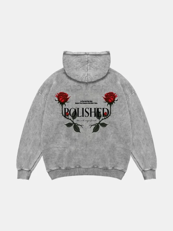 Polished Rose Baskılı Oversize Unisex Yıkamalı Beyaz Hoodie