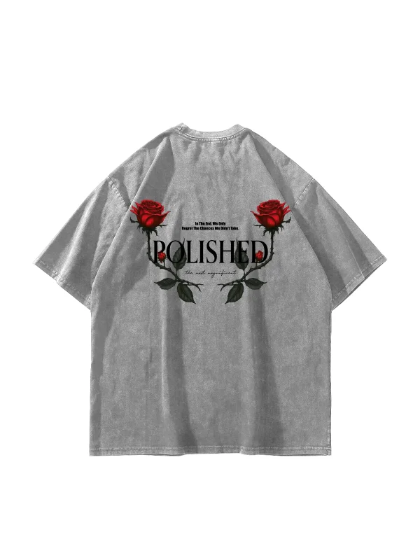 Polished Rose Baskılı Oversize Unisex Yıkamalı Beyaz Tshirt