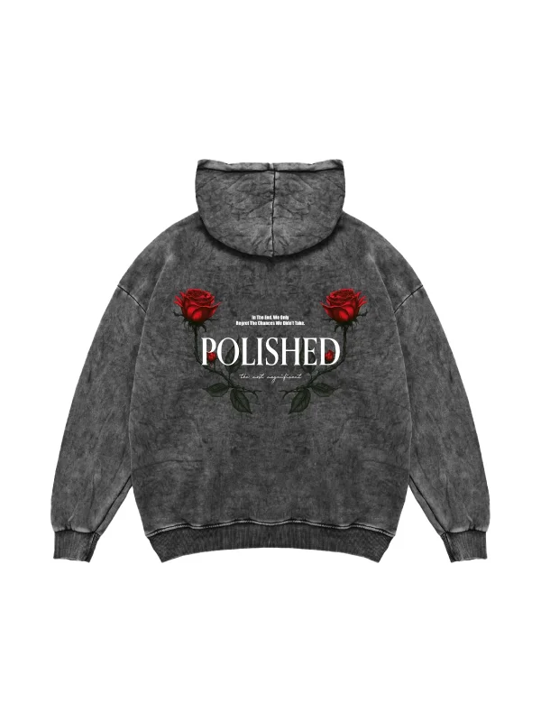 Polished Rose Baskılı Oversize Unisex Yıkamalı Siyah Hoodie