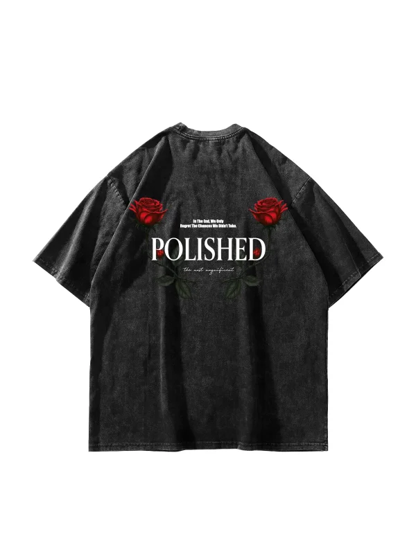 Polished Rose Baskılı Oversize Unisex Yıkamalı Siyah Tshirt