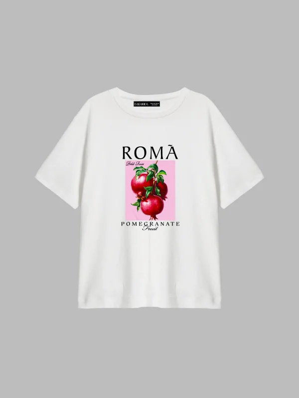 Pomegranate Baskılı Relaxed Fit Beyaz Kadın Tshirt