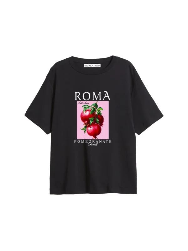 Pomegranate Baskılı Relaxed Fit Siyah Kadın Tshirt