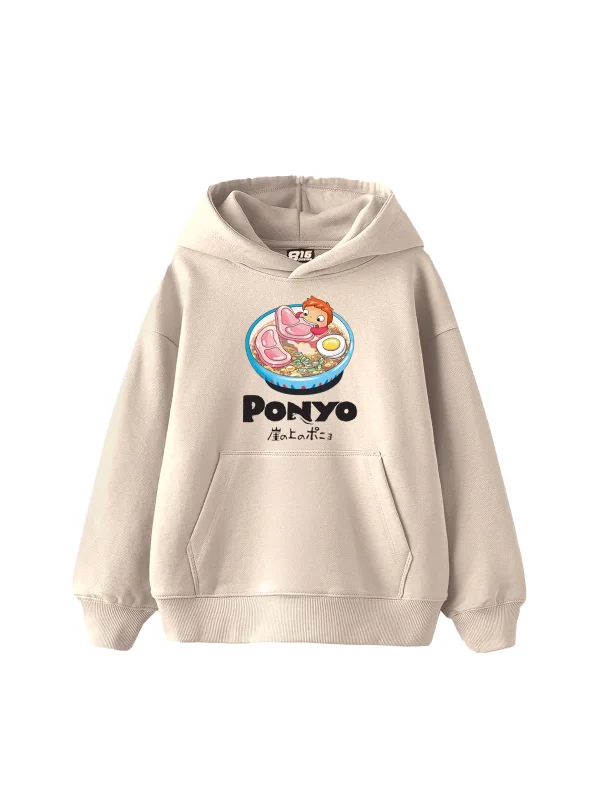 Ponyo Baskılı Oversize Unisex Bej Hoodie